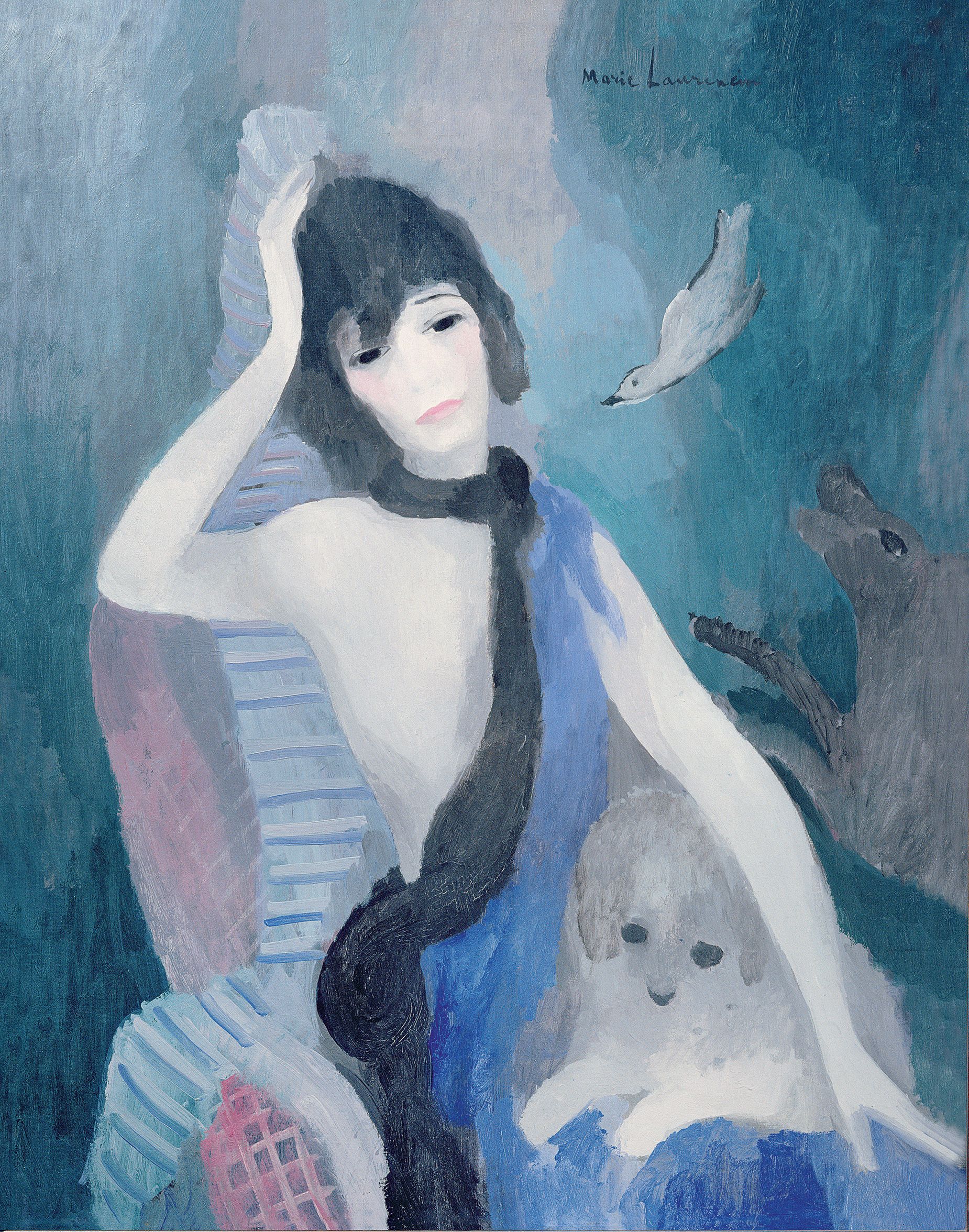 XIR309526 Portrait of Mademoiselle Chanel, 1923 (oil on canvas) by Laurencin, Marie (1883-1956); 92x73 cm; Musee de l\'Orangerie, Paris, France; (add.info.: Coco Chanel, Gabrielle Bonheur (1883-1971); French fashion designer; Haute couture; couturiere;).

Please note: The artwork in this photograph is in copyright. It is your responsibility to ensure this additional copyright is cleared prior to use through the appropriate national collecting society: DACS (UK), ADAGP (France), ARS (USA), SAIE (Italy), VG Bild-Kunst (Germany) or the sister society in your territory.