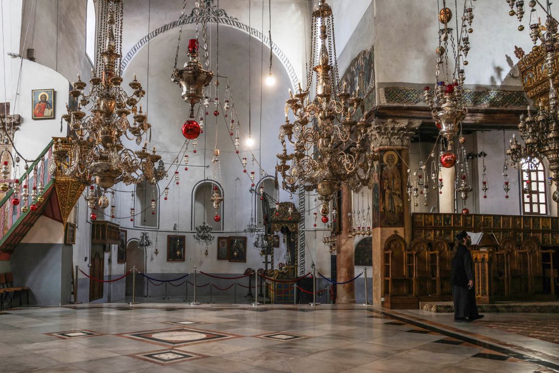 12/20/2023: An interior view of the Church of the Nativity without any visitors after the Christmas celebrations were cancelled and the imposed closure on the city of Bethlehem due to continuous clashes between Israel and the Palestinian militant group Hamas.