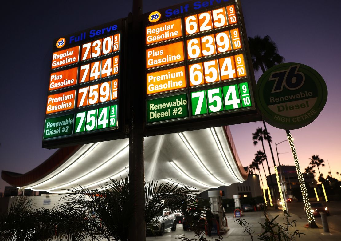 BEVERLY HILLS, CALIFORNIA - AUGUST 28: Gasoline prices for full serve and self serve are displayed at the Union 76 gas station ahead of the Labor Day weekend on August 28, 2023 in Beverly Hills, California. According to AAA, the average price of regular gasoline with self-service in Los Angeles County rose to $5.36 per gallon, 33 cents more than one month ago. (Photo by Mario Tama/Getty Images)