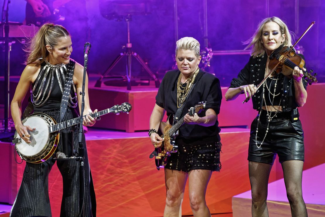 Emily Strayer, from left, Natalie Maines, and Martie Maguire, of The Chicks, perform on Wednesday, June 15, 2022, at Hollywood Casino Amphitheatre in Tinley Park, Ill.