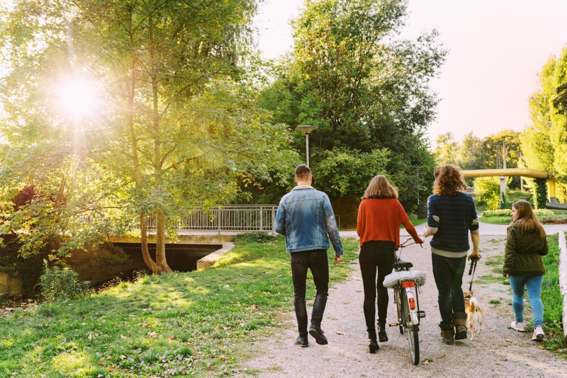 Group of men and women walking through a park bicycle. Friends walking together on a pathway through a park.