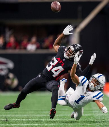 Indianapolis Colts wide receiver Josh Downs can't make the catch as Atlanta Falcons cornerback Clark Phillips III defends on December 24. The Falcons won 29-10.