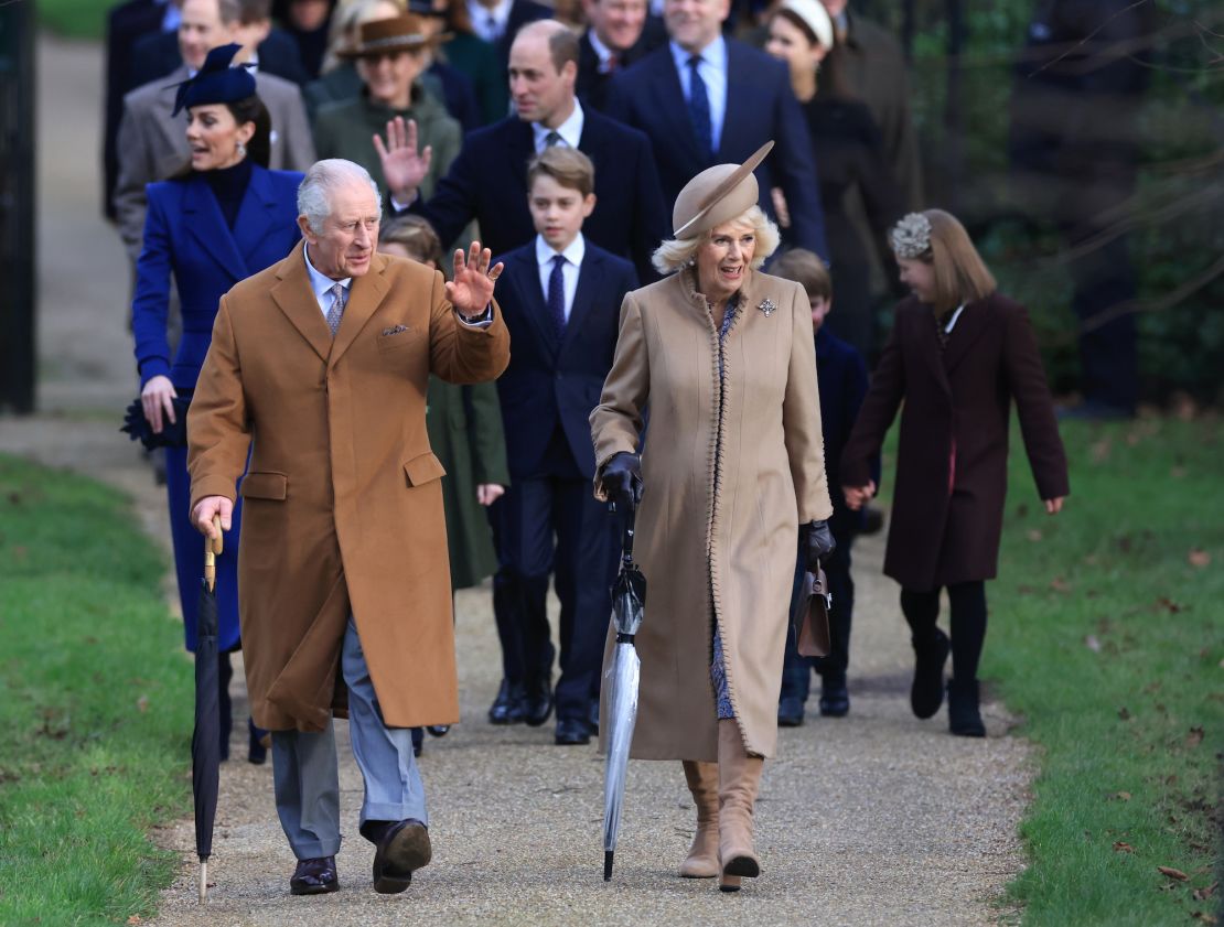 SANDRINGHAM, NORFOLK - DECEMBER 25: (L-R) Catherine, Princess of Wales, King Charles III, Prince George, Prince William, Prince of Wales, Queen Camilla and Mia Tindall attend the Christmas Morning Service at Sandringham Church on December 25, 2023 in Sandringham, Norfolk. (Photo by Stephen Pond/Getty Images)