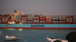 The Maersk Sentosa container ship sails southbound to exit the Suez Canal in Suez, Egypt, on Thursday, December 21, 2023.