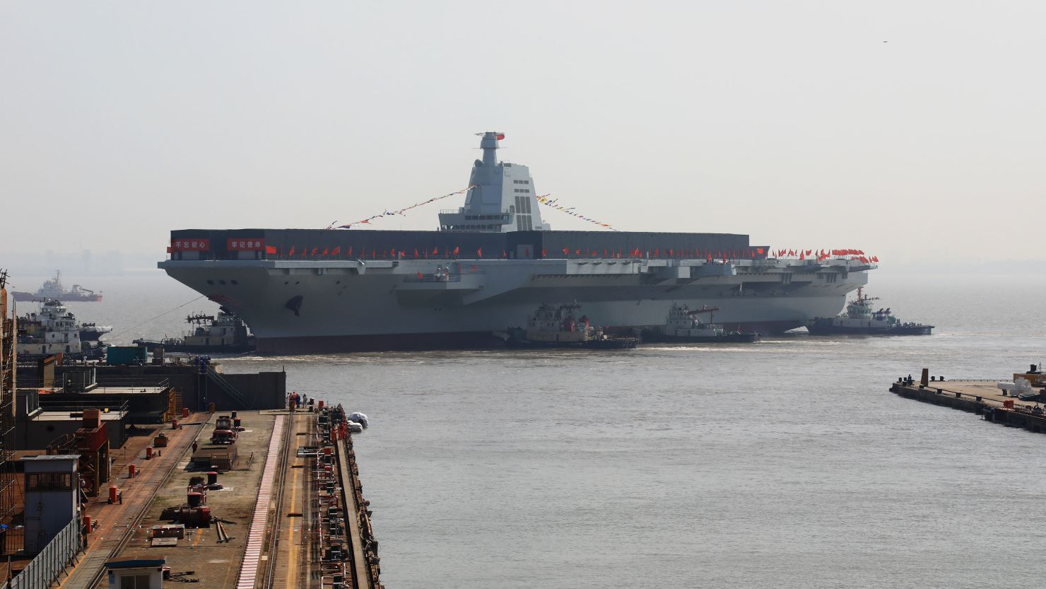 General view of the launching ceremony of China's third aircraft carrier, the Fujian, named after Fujian Province, at Jiangnan Shipyard, a subsidiary of China State Shipbuilding Corporation, on June 17, 2022, in Shanghai, China.