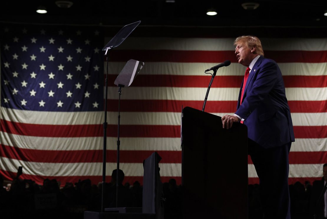 RENO, NEVADA - DECEMBER 17: Republican Presidential candidate former U.S. President Donald Trump delivers remarks during a campaign rally at the Reno-Sparks Convention Center on December 17, 2023 in Reno, Nevada. Former U.S. President Trump held a campaign rally as he battles to become the Republican Presidential nominee for the 2024 Presidential election. (Photo by Justin Sullivan/Getty Images)