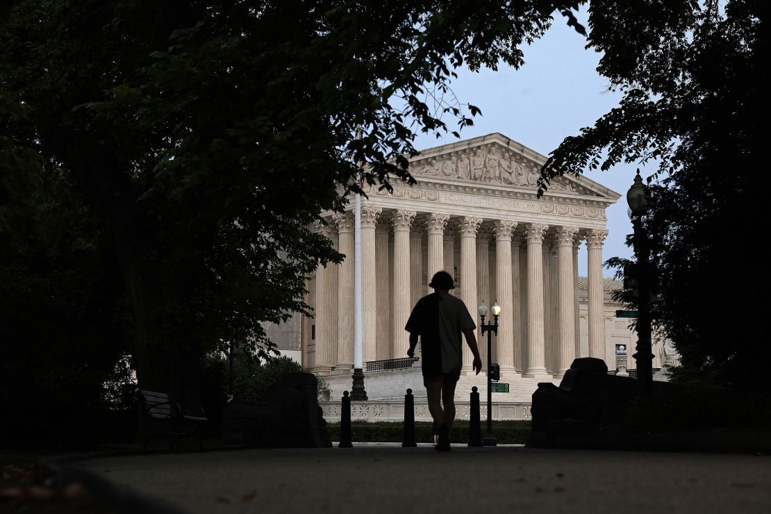 WASHINGTON, DC - JUNE 05: A pedestrian is seen close to the U.S. Supreme Court on June 5, 2023 in Washington, DC. The Supreme Court is expected to issue outstanding rulings throughout the month of June. (Photo by Alex Wong/Getty Images)