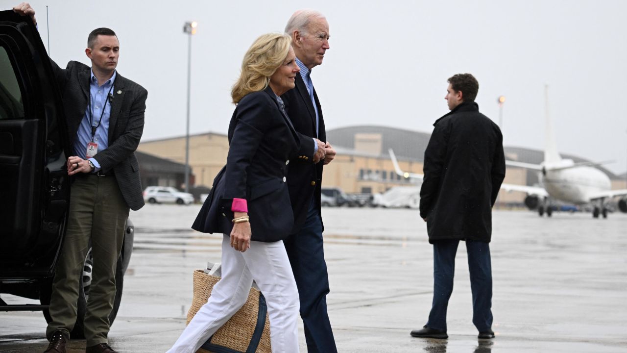 US President Joe Biden and First Lady Jill Biden walk to board Air Force One at Joint Base Andrews in Maryland on December 27, 2023. US President Joe Biden and First Lady Jill Biden travel to St. Croix, US Virgin islands, to spend the holidays.