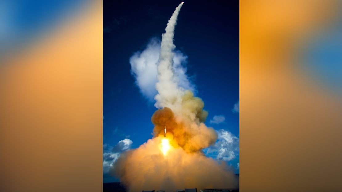 Two modified Standard Missile 2 (SM-2) Block IV interceptors are launched from the guided-missile cruiser USS Lake Erie (CG 70) during a Missile Defense Agency test to intercept a short-range ballistic missile target June 5, 2008 in the Pacific Ocean west of Kauai, Hawaii.