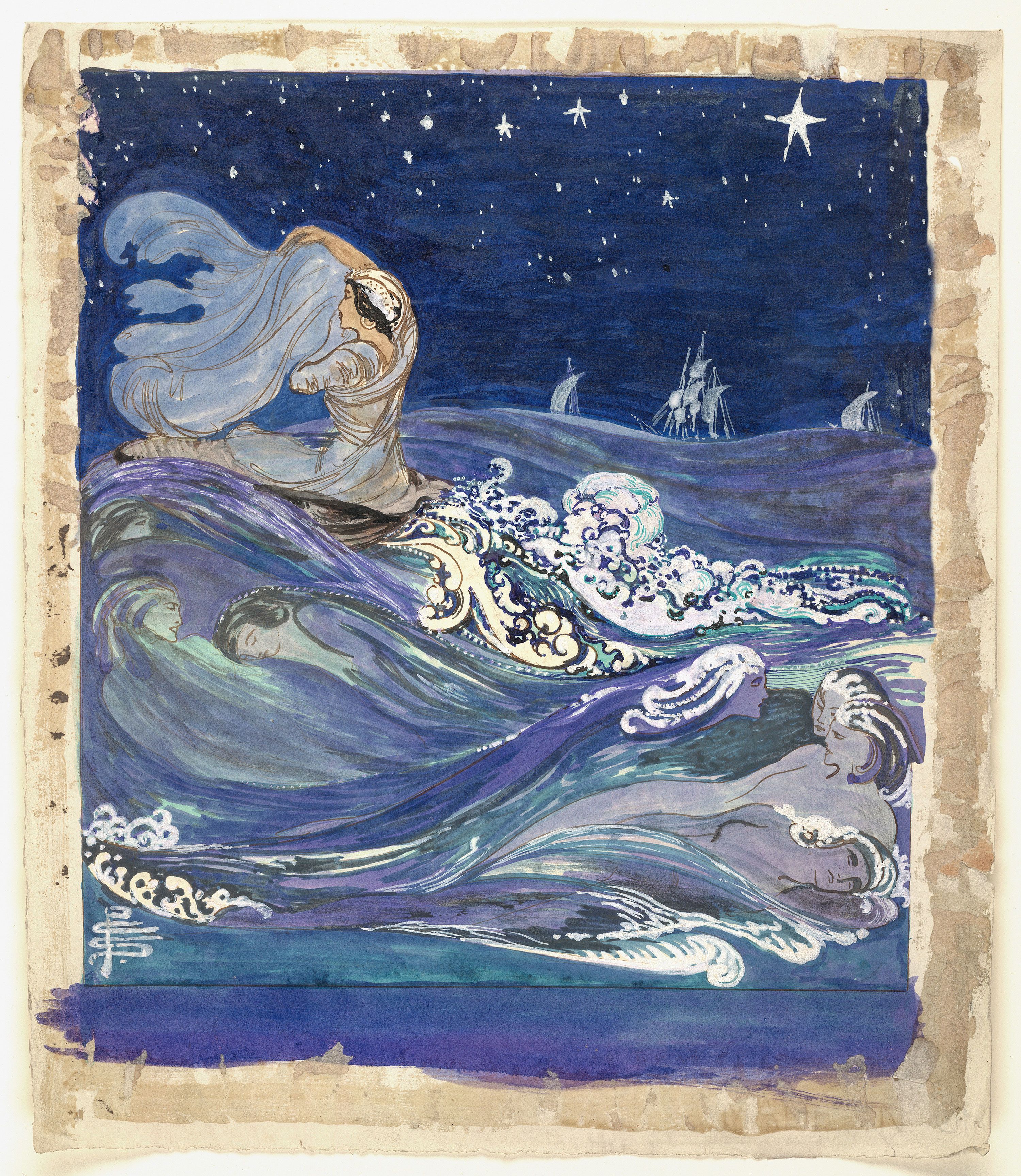 Sea Creatures by Pamela Colman Smith, painted in 1907. The artist brought her flair to the tarot cards she designed with Arthur Waite.