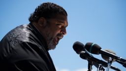 UNITED STATES - JUNE 23: Bishop William J. Barber II speaks at the Moral March on Manchin and McConnell, a rally held by the Poor Peoples Campaign, calling on them to eliminate the legislative filibuster and pass the "For The People" voting rights bill, outside the Supreme Court in Washington on Wednesday, June 23, 2021. (Photo by Caroline Brehman/CQ-Roll Call, Inc via Getty Images)