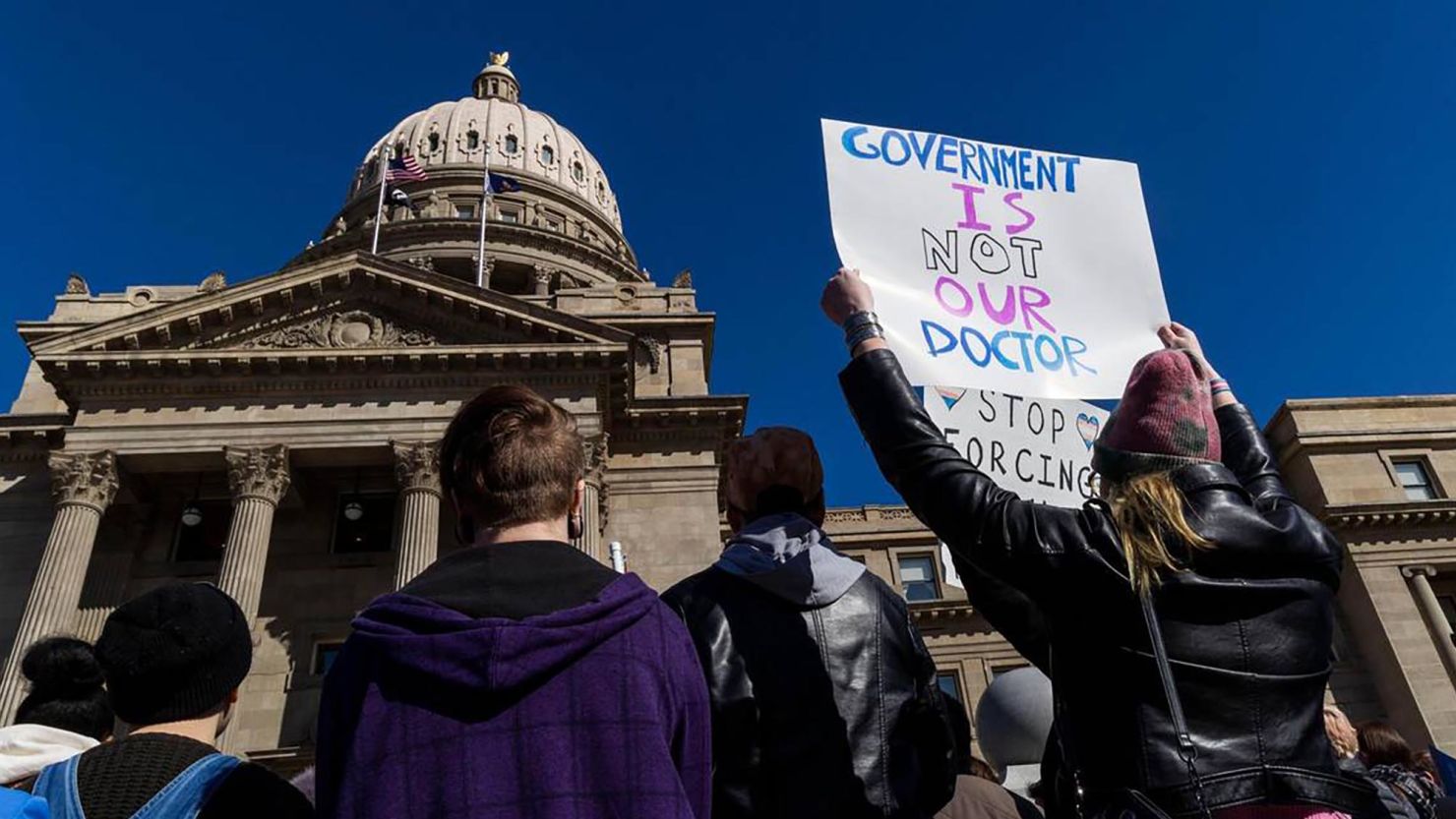 More than 300 people gather in front of the Idaho Capitol to oppose anti-transgender legislation moving through the Legislature in February 2023 in Boise. (Darin Oswald/Idaho Statesman/Tribune News Service via Getty Images)