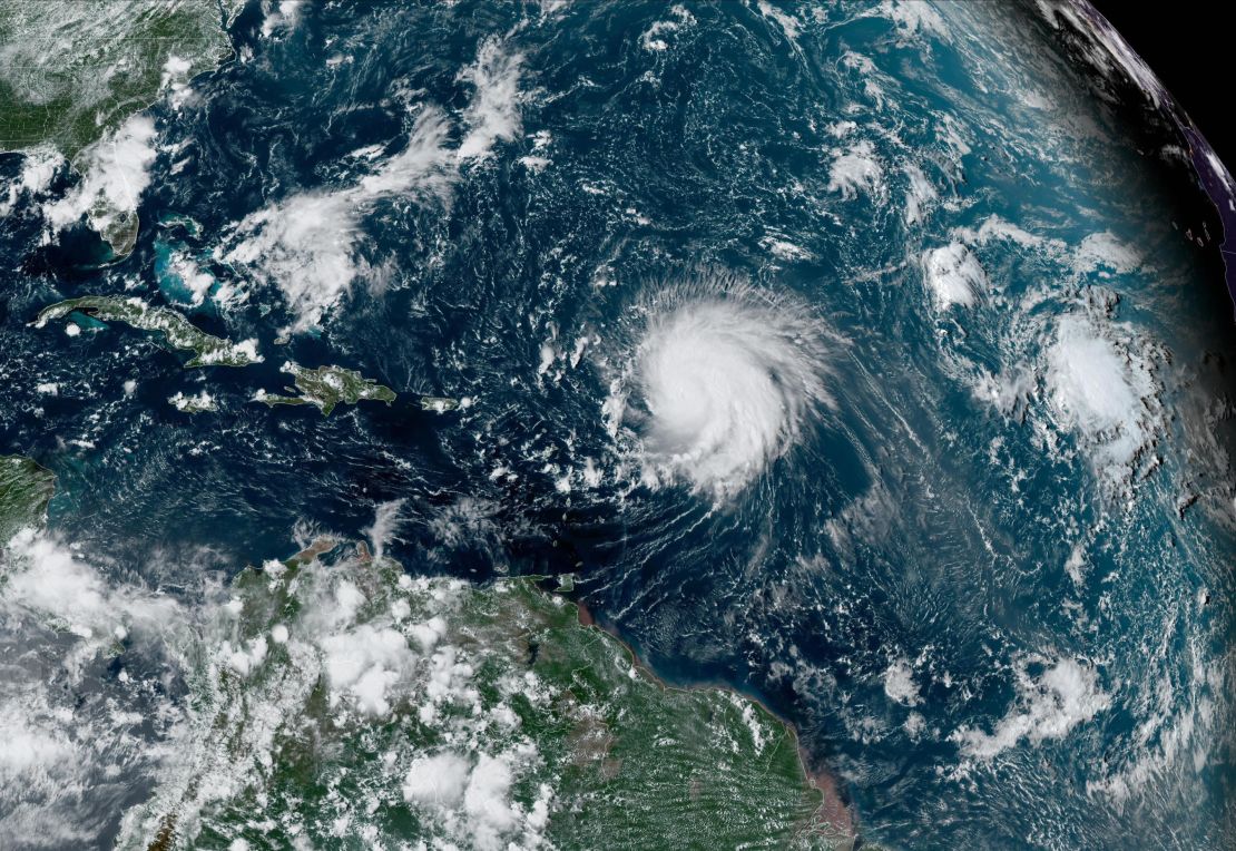 In this NOAA image taken by the GOES satellite, Hurricane Lee crosses the Atlantic Ocean as it moves west on September 8, 2023.