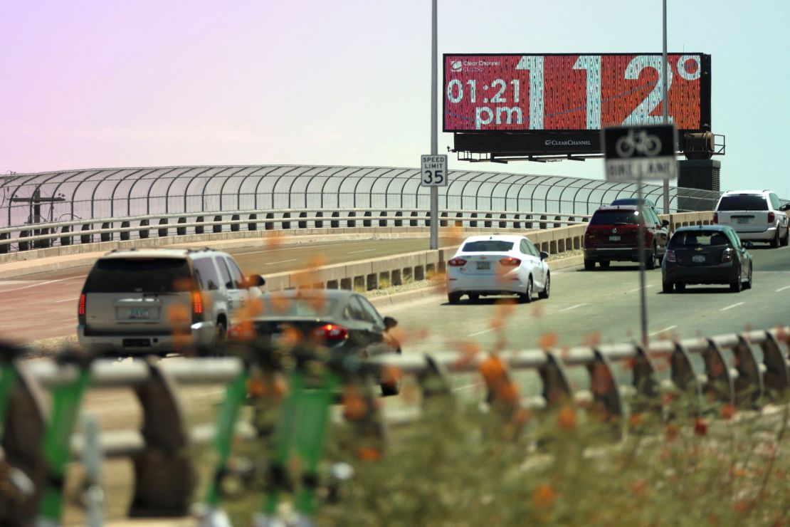 Billboard displays temperature as Phoenix breaks heat record of 19 consecutive days above 110 degrees Fahrenheit, in Phoenix, Arizona, U.S., July 18, 2023.