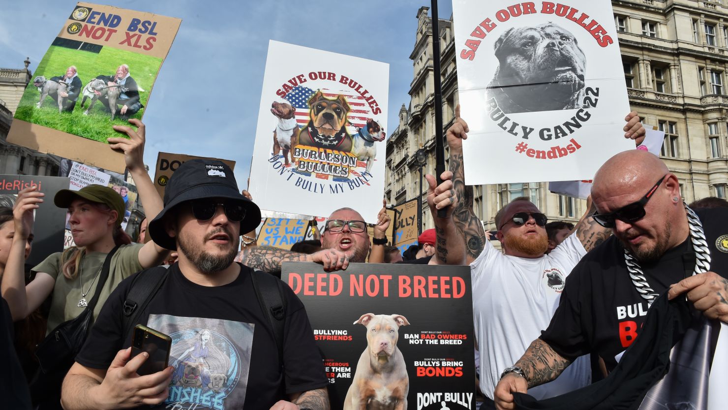 October 7, 2023, London, England, United Kingdom: Owners of American XL Bully dogs take to the streets of Westminster to voice their opposition to Rishi Sunak's proposed ban on this breed.
