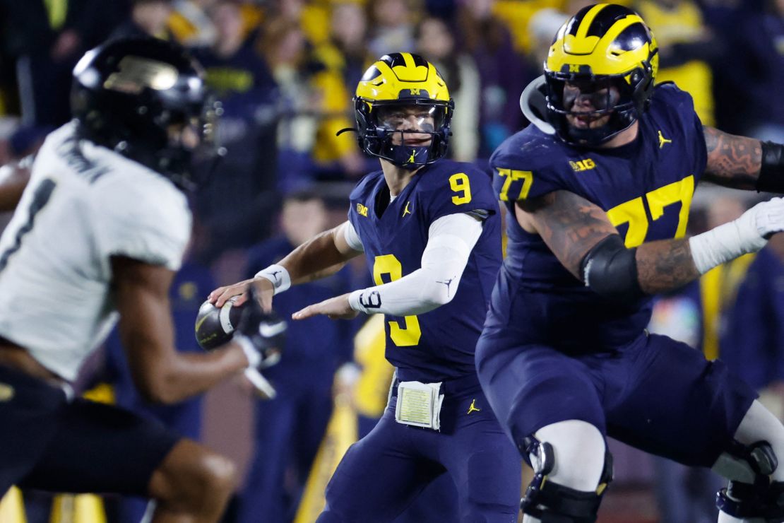 Nov 4, 2023; Ann Arbor, Michigan, USA;  Michigan Wolverines quarterback J.J. McCarthy (9) passes in the first half against the Purdue Boilermakers in the first half against the Purdue Boilermakers at Michigan Stadium. Mandatory Credit: Rick Osentoski/USA TODAY Sports