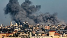 Smoke billows from Israeli bombardment over Khan Younis, as seen from Rafah, Gaza, on December 16.