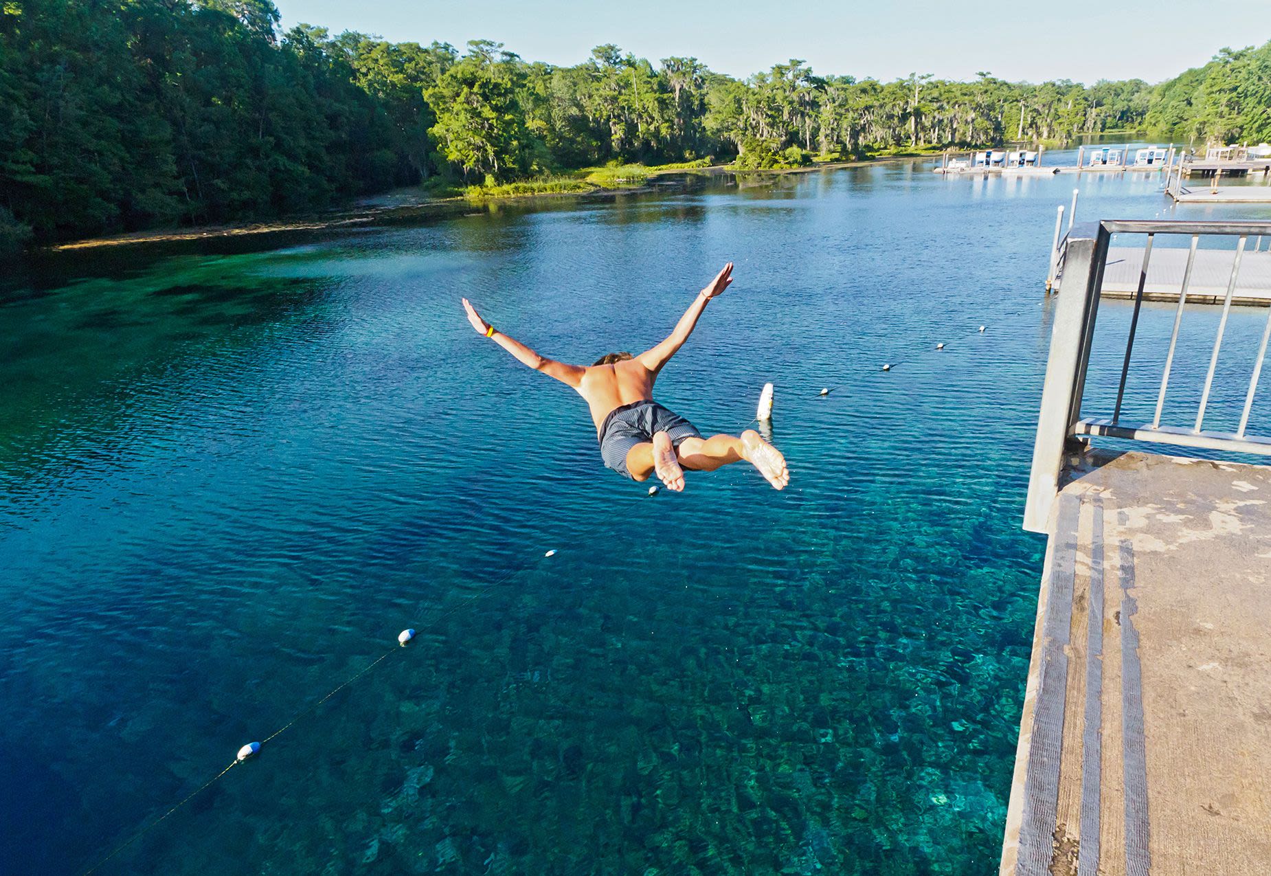 C6AD0X Young man dives into Wakulla Spring from high platform