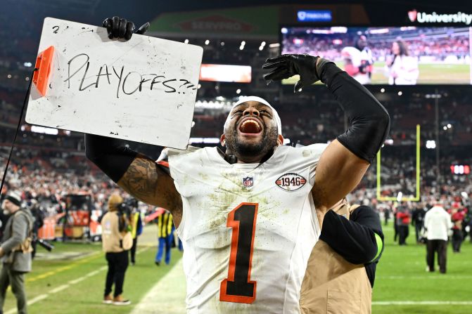 Cleveland Browns safety Juan Thornhill celebrates after beating the New York Jets on Thursday, December 28. The Browns defeated the Jets 37-20, <a href="https://www.cnn.com/2023/12/29/sport/joe-flacco-elijah-moore-browns-playoffs-spt-intl/index.html" target="_blank">securing a spot in the playoffs</a>. It will be the Browns' first postseason appearance since 2020, and third since 1999.