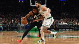 Dec 28, 2023; Boston, Massachusetts, USA;  Detroit Pistons guard Jaden Ivey (23) controls the ball while Boston Celtics forward Jayson Tatum (0) defends during the second half at TD Garden.
