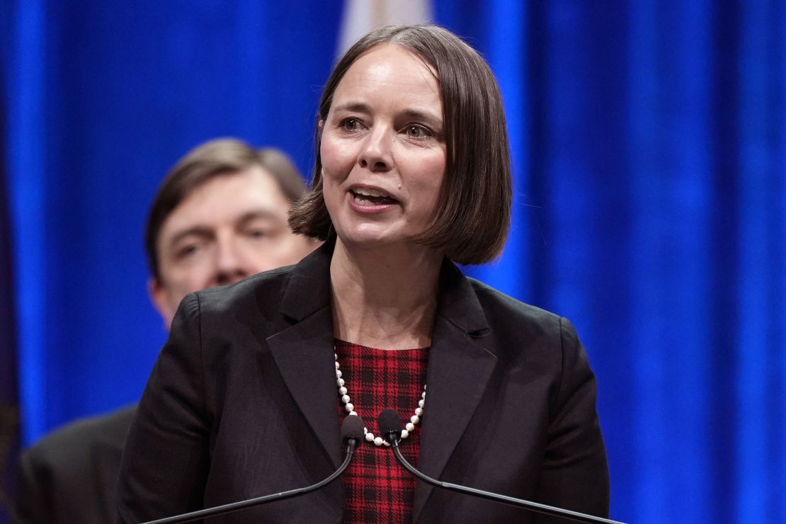 Secretary of State Shenna Bellows speaks at the inauguration of Gov. Janet Mills, Wednesday, Jan. 4, 2023, at the Civic Center in Augusta, Maine.