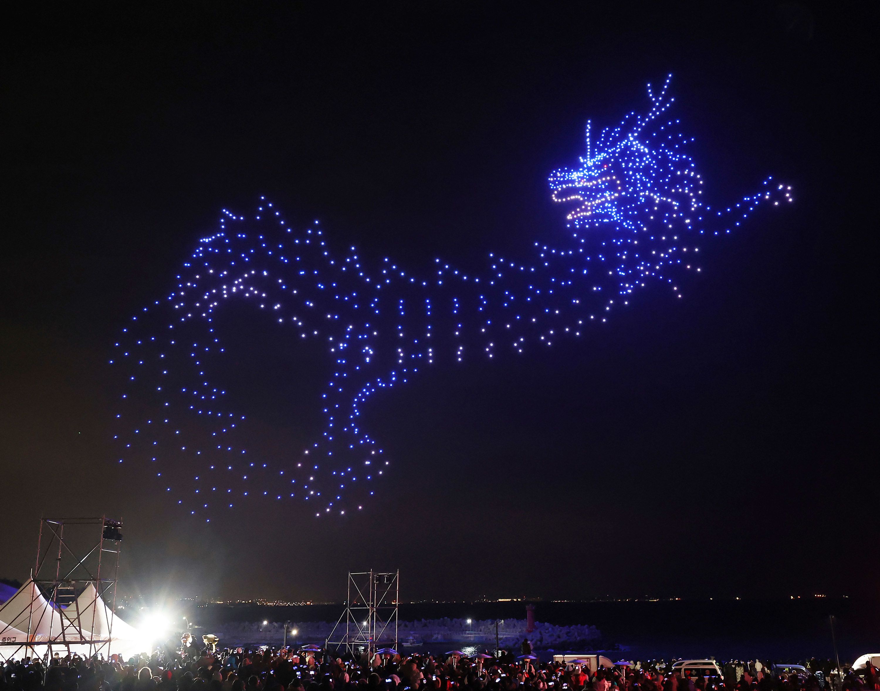 Drones fly in the shape of a dragon in Ulsan, South Korea. The display celebrates the Year of the Dragon.