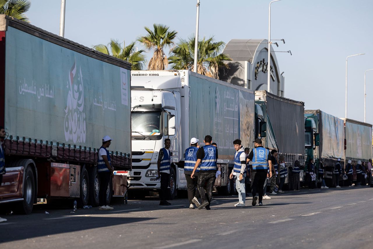 A convoy of trucks loaded with aid supplies are seen in North Sinai, Egypt, on October 15.