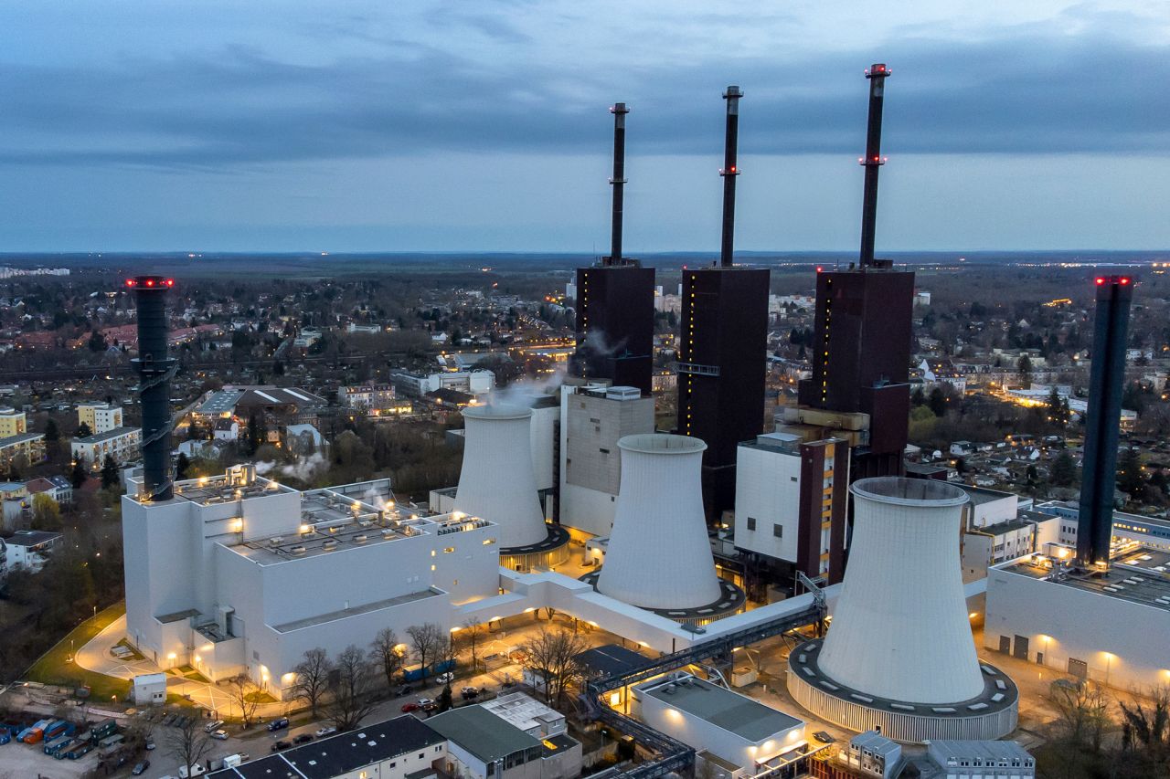 Steam leaves a cooling tower of the Lichterfelde gas-fired power plant in Berlin, Germany, on March 30.