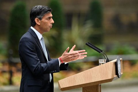 Britain's newly appointed Prime Minister Rishi Sunak delivers a speech outside 10 Downing Street in central London Tuesday.