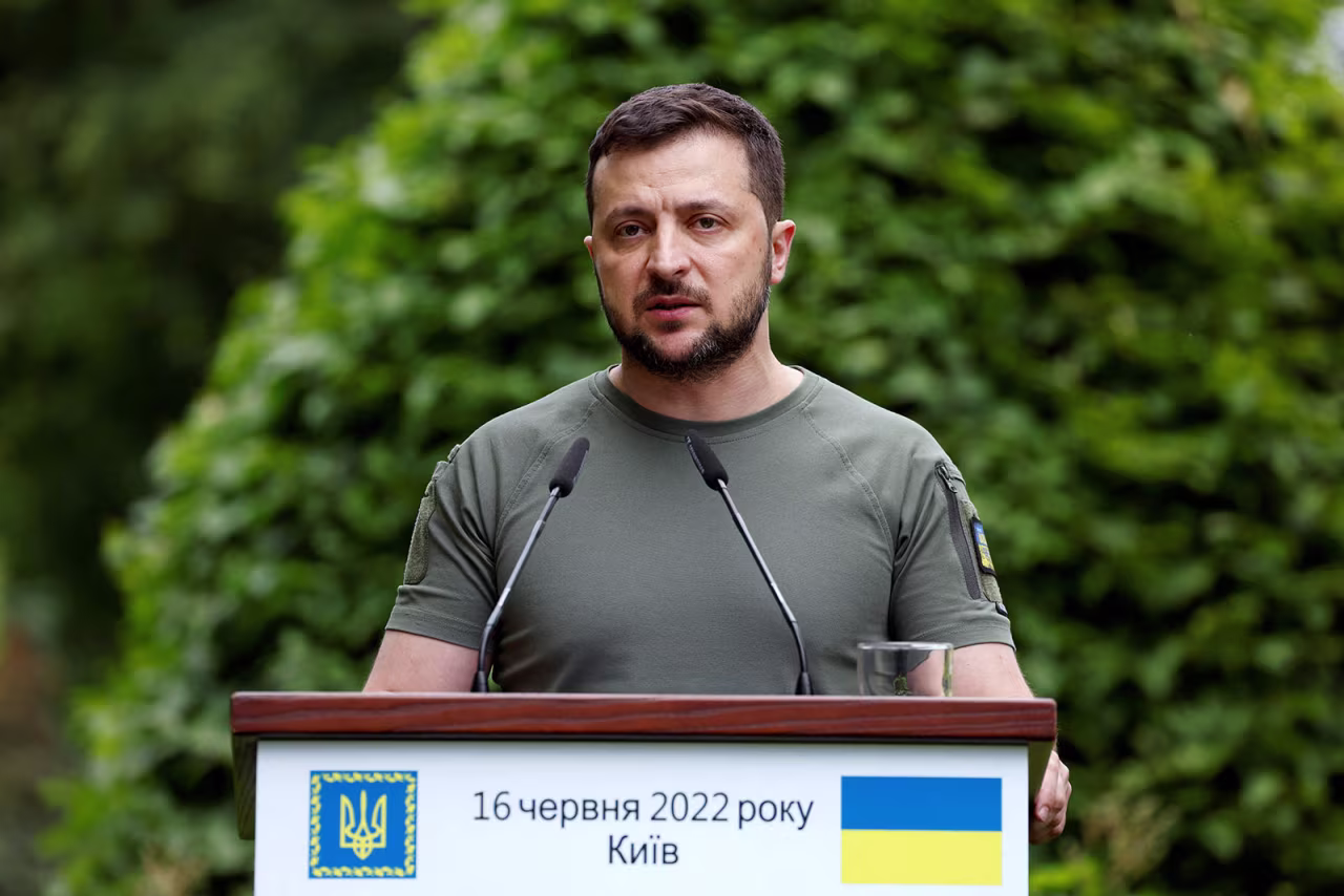 Ukrainian President Volodymyr Zelensky speaks during a press conference in Kyiv in June.