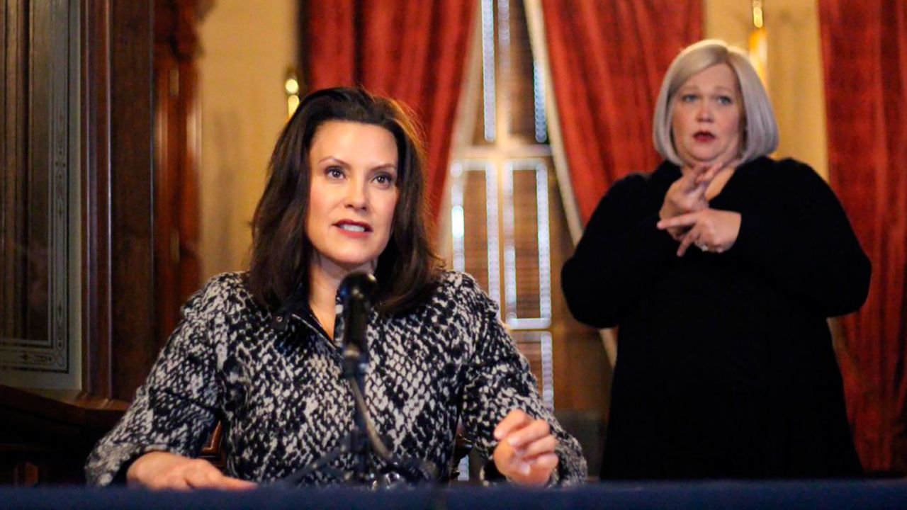 Michigan Gov. Gretchen Whitmer addresses the state during a speech in Lansing, Michigan on April 13.