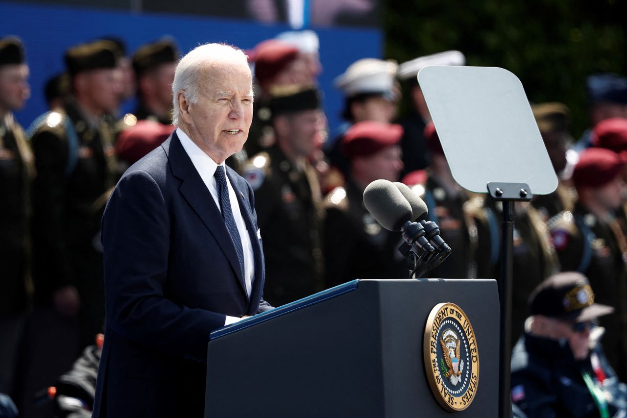 U.S. President Joe Biden attends a ceremony to mark the 80th anniversary of D-Day at the Normandy American Cemetery and Memorial in Colleville-sur-Mer, France, on June 6.