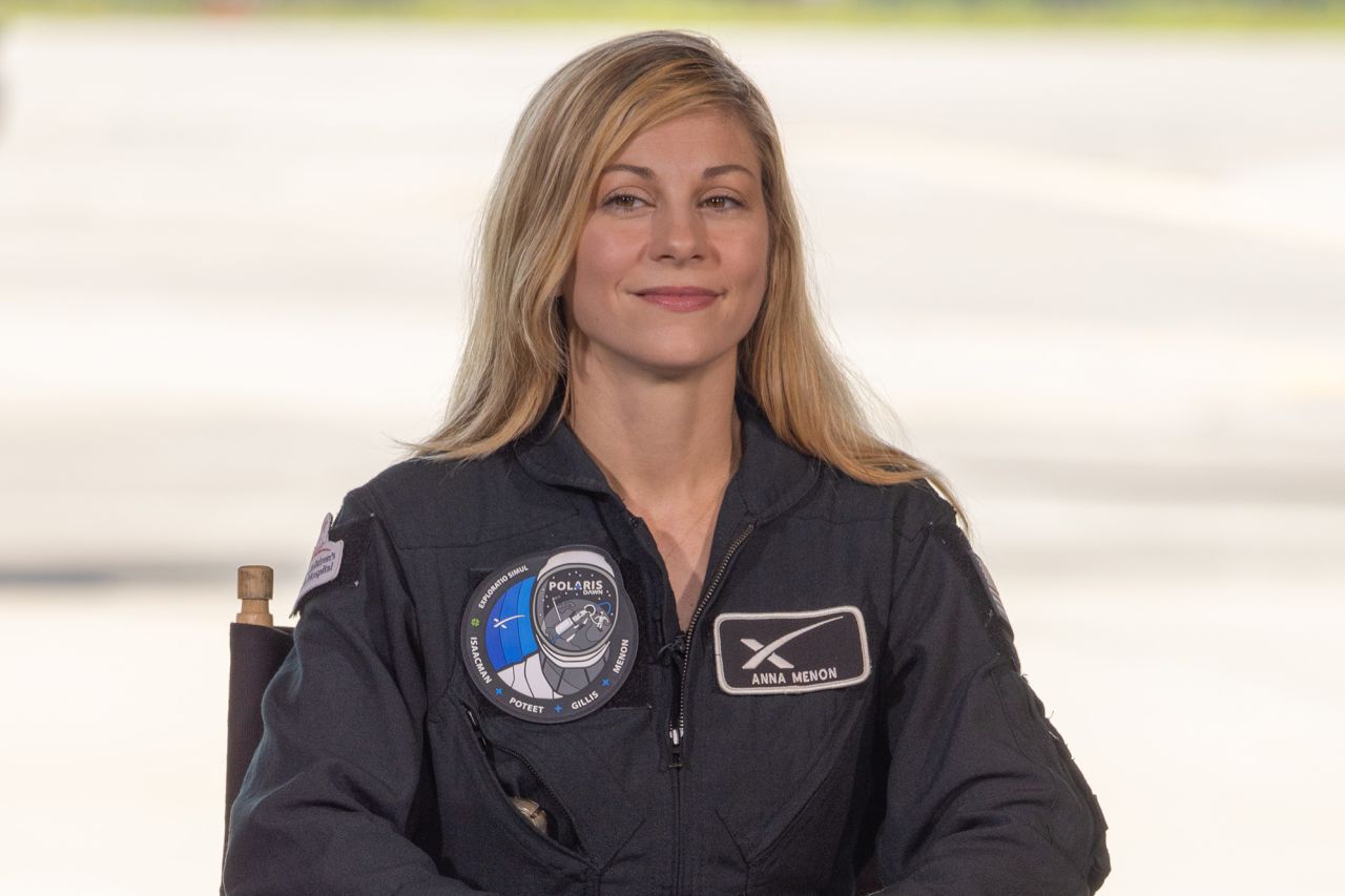 Anna Menon attends a Polaris Dawn mission overview briefing at Kennedy Space Center in Cape Canaveral, Florida, in August 2024.