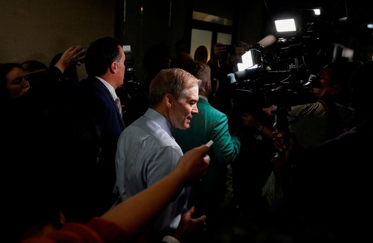 Rep. Jim Jordan arrives for a House Republican Conference meeting on Capitol Hill in Washington, DC, on October 13, 2023. 