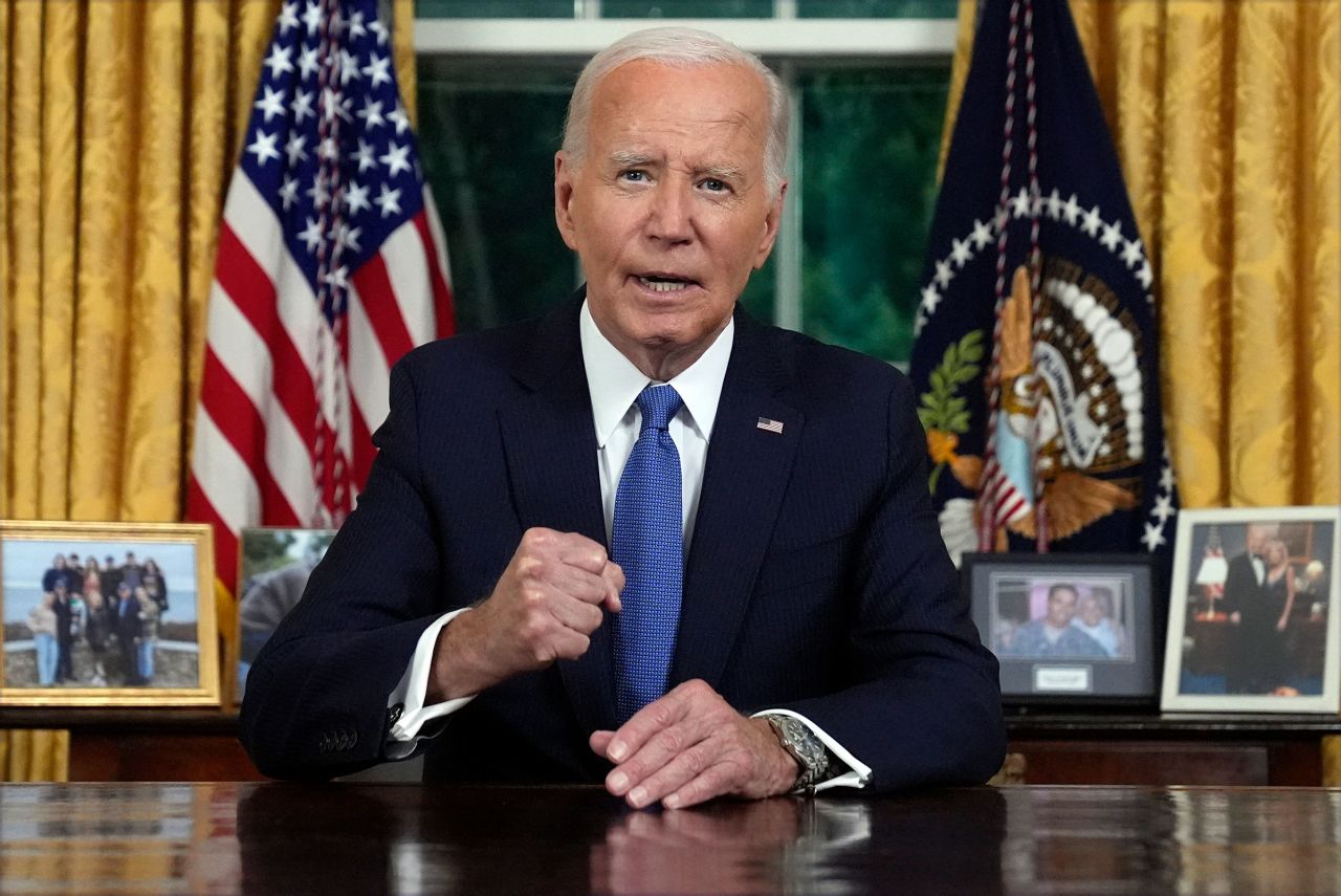 President Joe Biden speaks during an address to the nation about his decision to not seek reelection, in the Oval Office at the White House in Washington, DC, on July 24.