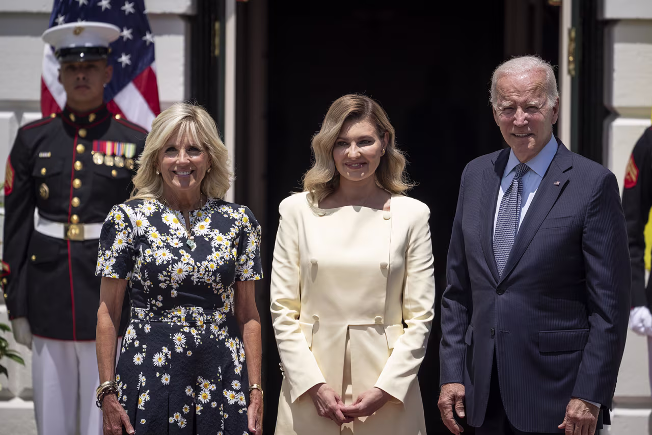 U.S. first lady Jill Biden, first lady of Ukraine Olena Zelenska and U.S. President Joe Biden pose for photos as Zelenska arrives on the South Lawn of the White House on July 19 in Washington, DC. 
