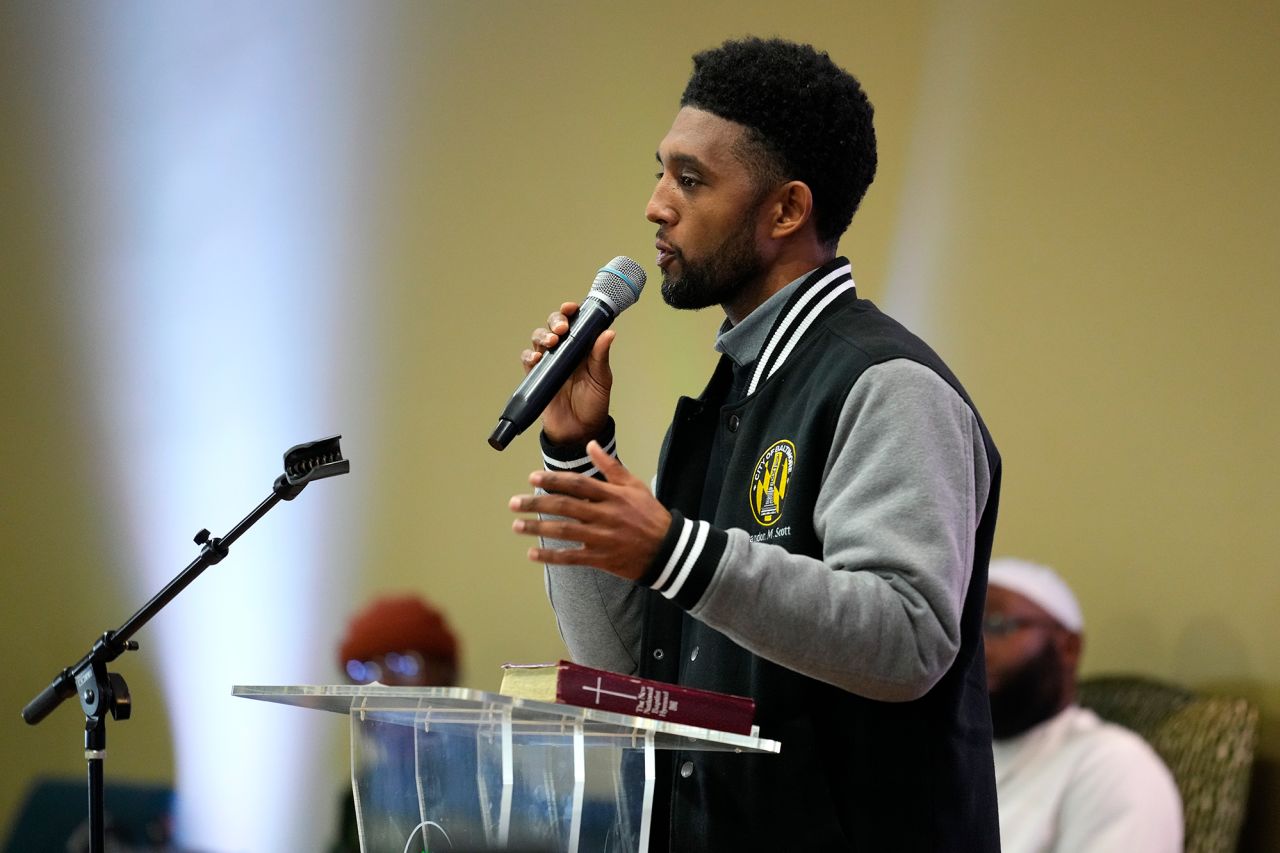 Baltimore Mayor Brandon Scott speaks during a vigil in Dundalk, Maryland, on Tuesday, March 26. 