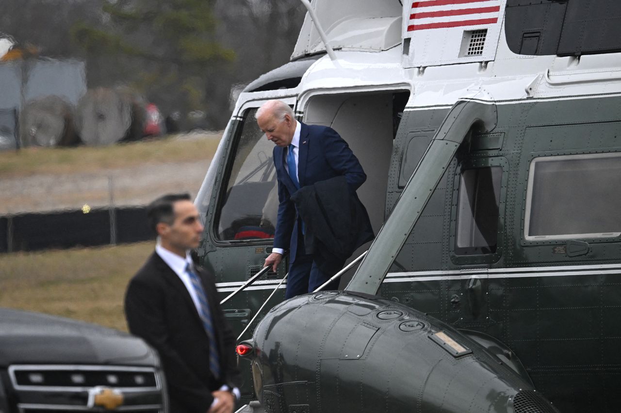 President Joe Biden arrives at Walter Reed National Military Medical Center in Bethesda, Maryland, on February 28. 