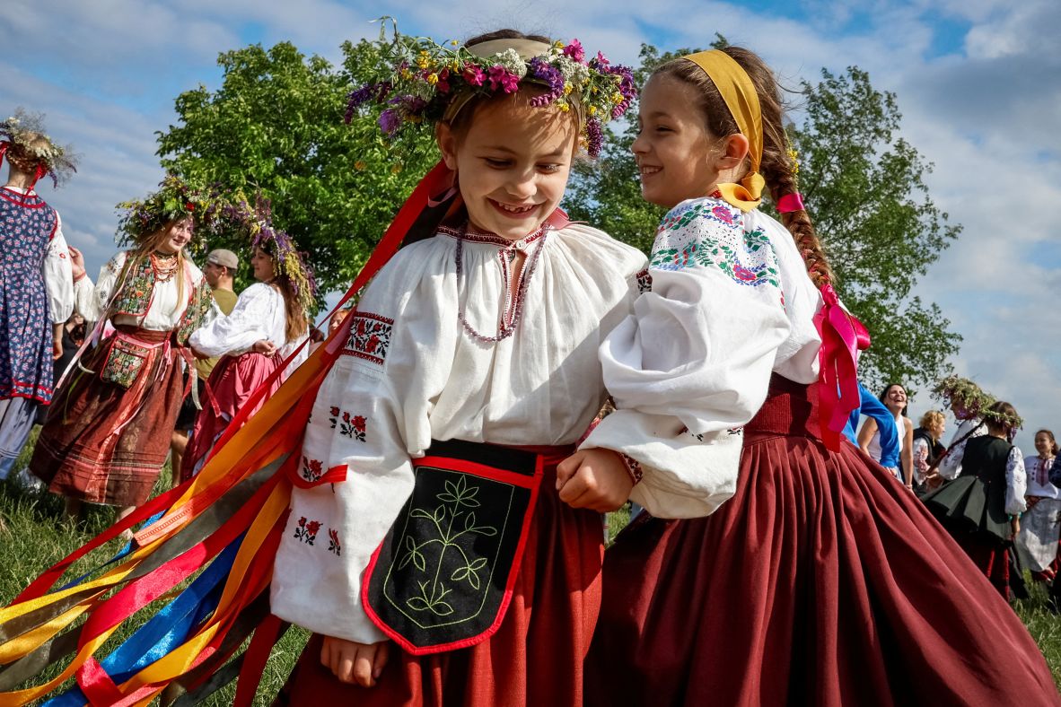 Girls dance as they take part in an Ivana Kupala celebration in the Ukrainian village of Vytachiv on Saturday, June 21.
