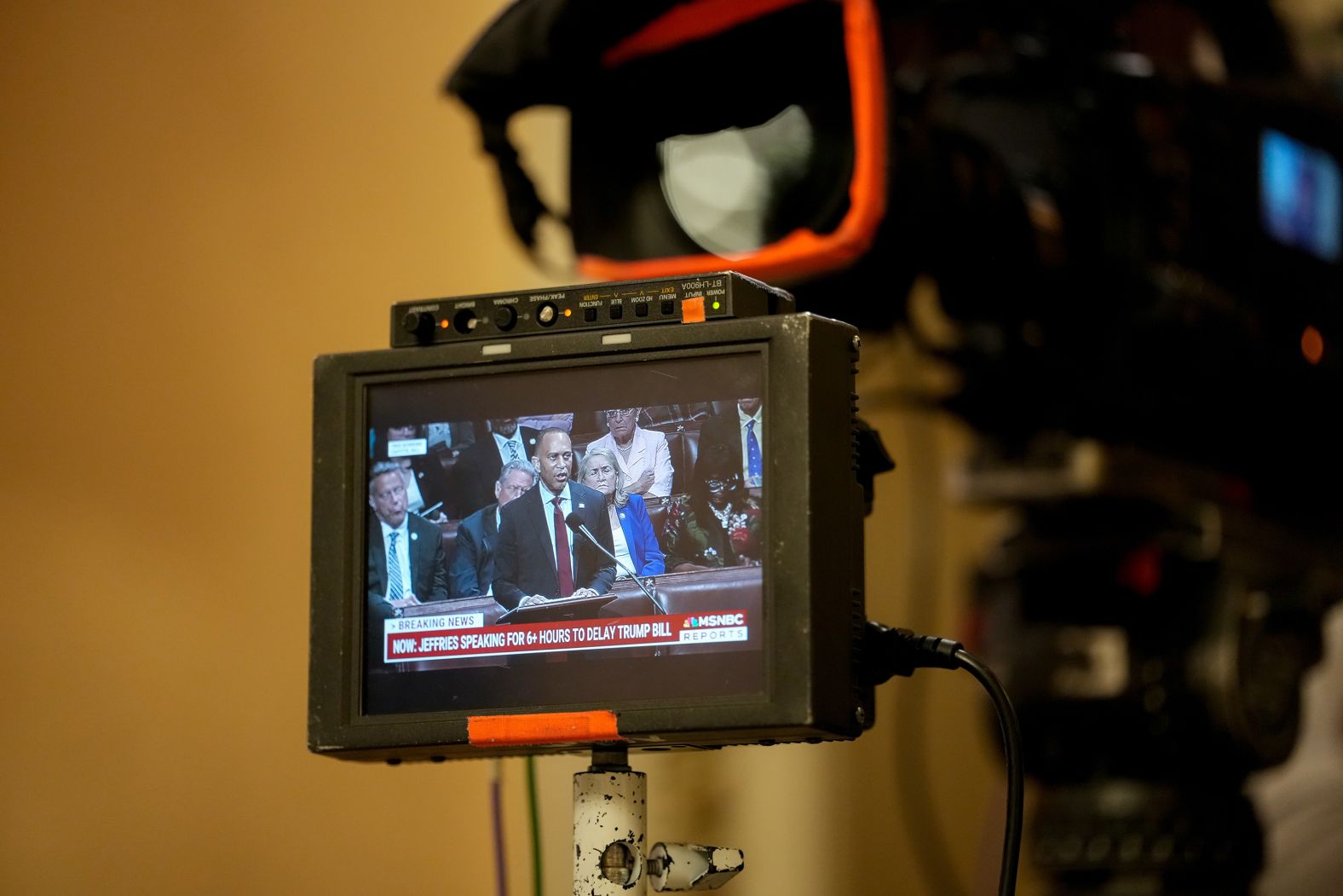 A monitor broadcasts House Minority Leader Hakeem Jeffries as he speaks on the House floor in opposition of President Donald Trump’s sweeping domestic policy bill in Washington, DC, on Thursday, July 3. <a href="index.php?page=&url=https%3A%2F%2Fwww.cnn.com%2Fpolitics%2Flive-news%2Ftrump-big-beautiful-bill-house-vote-07-03-25%23cmcni2imz00003b6rsch264ax">Jeffries spoke for nearly nine hours</a>, setting the record for the longest floor speech in the modern history of the US House of Representatives.