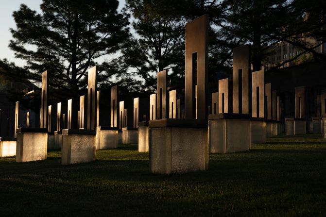 The Field of Empty Chairs, a reminder of the 168 people killed in the attack, is seen at the Oklahoma City National Memorial on April 10, 2020.
