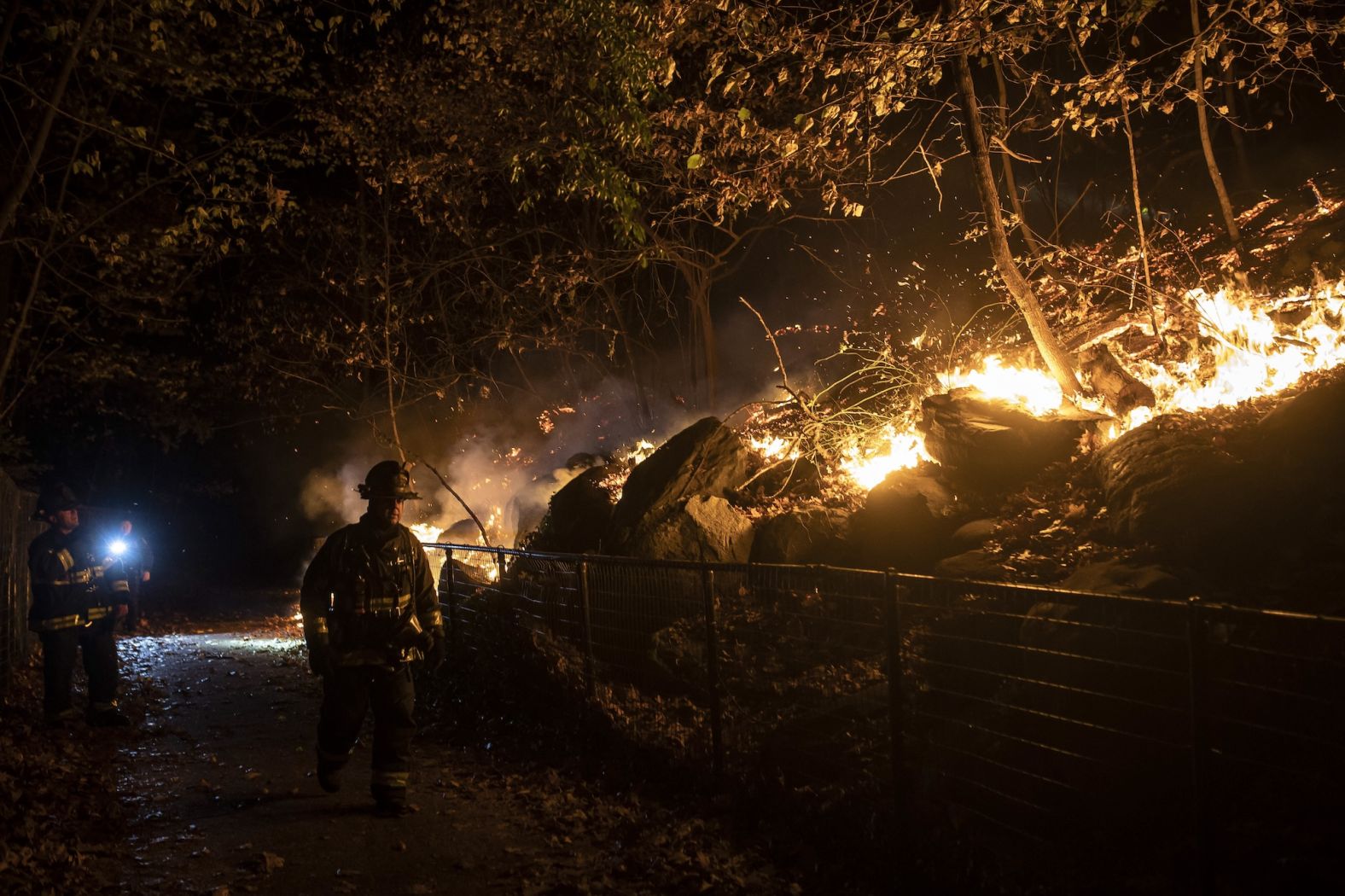 A brush fire burns at Prospect Park in Brooklyn, New York, on Friday, November 8. <a href="index.php?page=&url=https%3A%2F%2Fwww.cnn.com%2F2024%2F11%2F10%2Fus%2Fnew-york-wildfire-death%2Findex.html">It took over three hours to extinguish</a>.