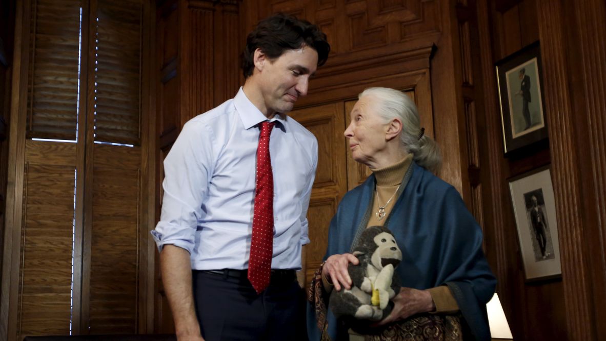 Goodall meets with Canadian Prime Minister Justin Trudeau at his office in Ottawa in 2016.