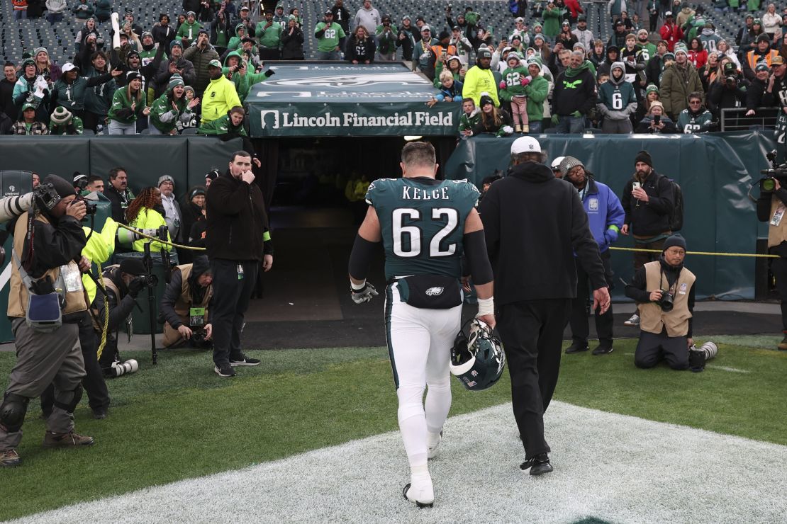 PHILADELPHIA, PENNSYLVANIA - DECEMBER 31: Jason Kelce #62 of the Philadelphia Eagles walks off the field after the game against the Arizona Cardinals at Lincoln Financial Field on December 31, 2023 in Philadelphia, Pennsylvania. (Photo by Tim Nwachukwu/Getty Images)