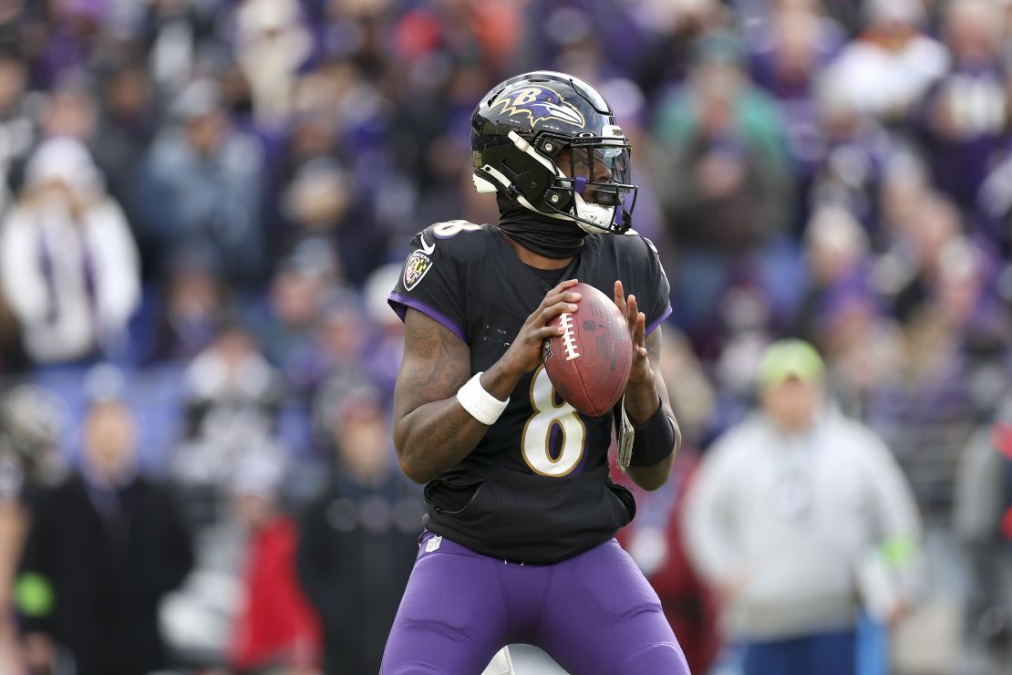BALTIMORE, MARYLAND - DECEMBER 31: Quarterback Lamar Jackson #8 of the Baltimore Ravens drops back to pass against the Miami Dolphins at M&T Bank Stadium on December 31, 2023 in Baltimore, Maryland. (Photo by Rob Carr/Getty Images)