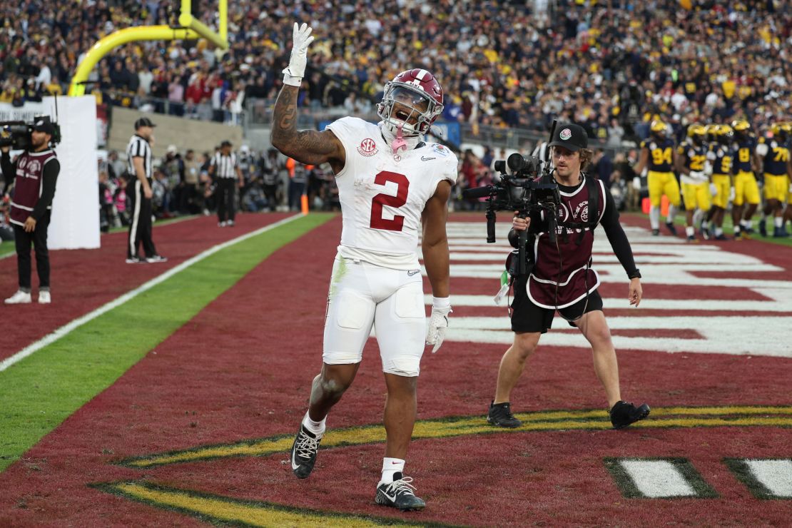 PASADENA, CA - JANUARY 01: Jase McClellan #2 of the Alabama Crimson Tide celebrates after scoring a 4th quarter touchdown against the Michigan Wolverines during the CFP Rose Bowl Semifinal game at Rose Bowl Stadium on January 01, 2024 in Pasadena, California.  (Photo by Harry Howe/Getty Images)