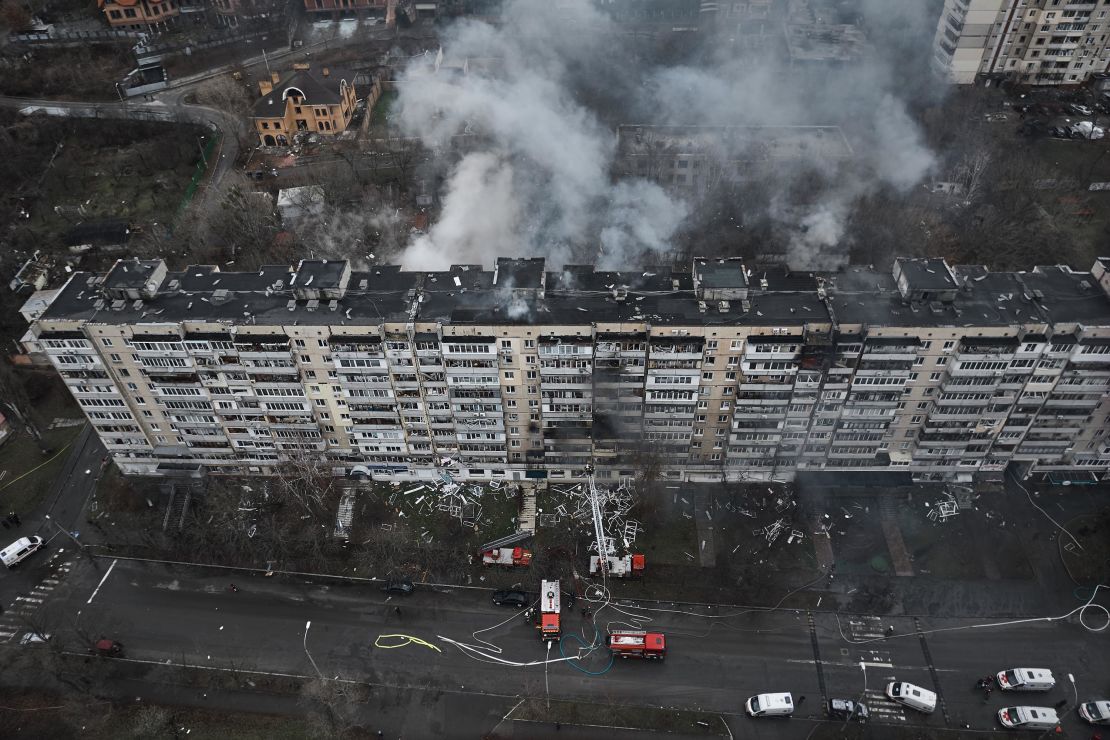 KYIV, UKRAINE - JANUARY 2: Drone view of a damaged building in the center of Kyiv as Emergency services provide assistance to the victims and put out the fire on January 2, 2024 in Kyiv, Ukraine. The barrage comes as Russia started the new year with intensified aerial attacks across multiple cities. It also follows a Ukrainian attack on the Russian border city of Belgorod on Saturday, which reportedly killed at least 25 people and injured more than 100. (Photo by Kostiantyn Liberov/Libkos/Getty Images)