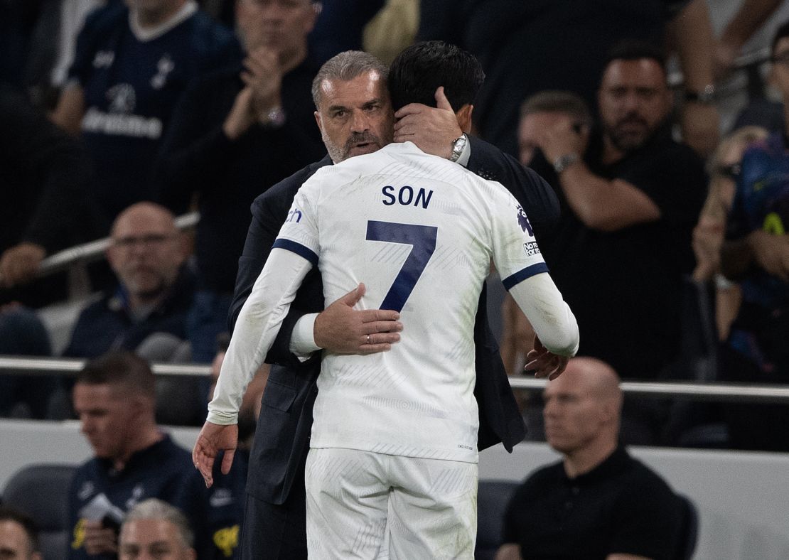 LONDON, ENGLAND - SEPTEMBER 30: Tottenham Hotspur manager Ange Postecoglou embraces Son Heung-min after substituting him during the Premier League match between Tottenham Hotspur and Liverpool FC at Tottenham Hotspur Stadium on September 30, 2023 in London, England. (Photo by Visionhaus/Getty Images)