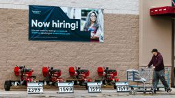 A "Now Hiring" sign at a Lowe's store in Glenmont, New York, US, on Tuesday, Nov. 14, 2023. Lowe's Cos. is expected to release earnings figures on November 21. Photographer: Angus Mordant/Bloomberg via Getty Images