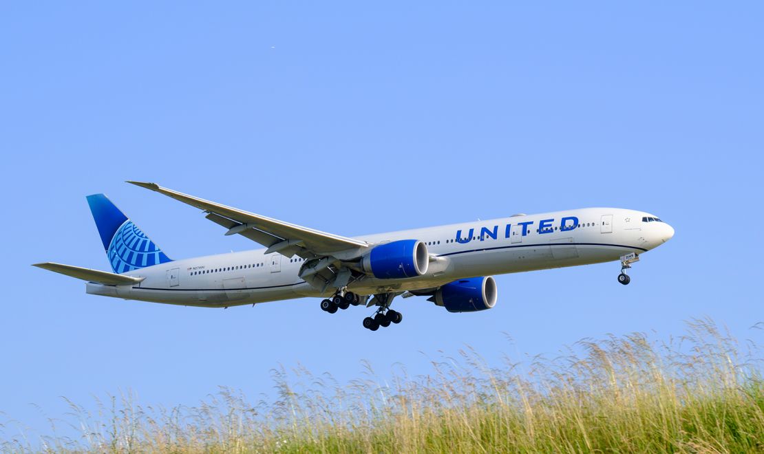 A United Airlines passenger plane lands at Brussels Airport, Belgium, June 13, 2023.